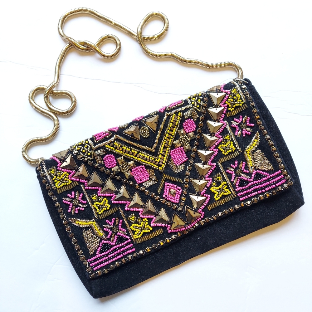 H&M black soft pink yellow beaded gold purse new